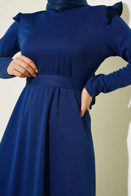 Omuz Fırfırlı Kuşaklı Elbise İndigo - Thumbnail