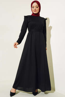 Omuz Fırfırlı Kuşaklı Elbise Siyah - Thumbnail