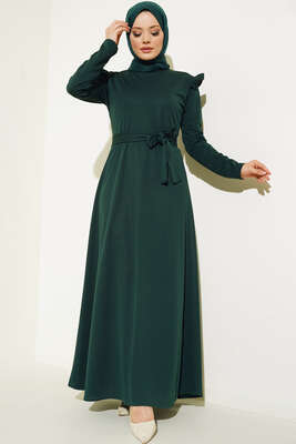 Omuz Fırfırlı Kuşaklı Elbise Zümrüt Yeşil - Thumbnail