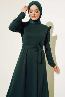 Omuz Fırfırlı Kuşaklı Elbise Zümrüt Yeşil - Thumbnail