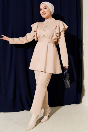 Omuz Fırfırlı Kuşaklı Scuba İkili Takım Bej - İkili Takım