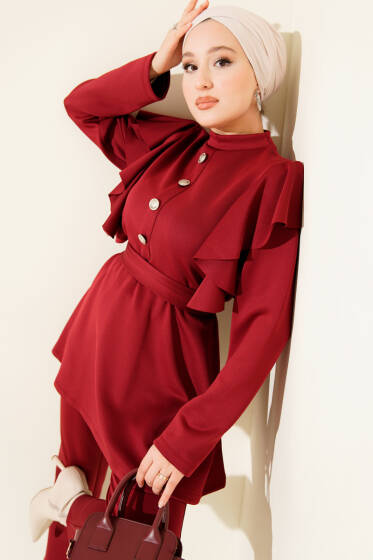 Omuz Fırfırlı Kuşaklı Scuba İkili Takım Bordo - İkili Takım