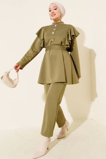 Omuz Fırfırlı Kuşaklı Scuba İkili Takım Çağla Yeşili - İkili Takım