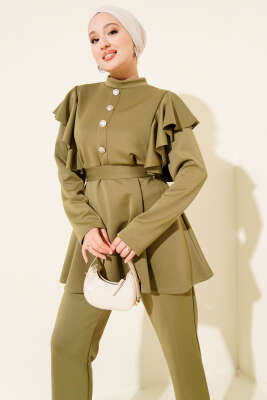 Omuz Fırfırlı Kuşaklı Scuba İkili Takım Çağla Yeşili - İkili Takım