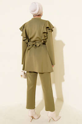 Omuz Fırfırlı Kuşaklı Scuba İkili Takım Çağla Yeşili - İkili Takım