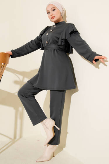 Omuz Fırfırlı Kuşaklı Scuba İkili Takım Füme - İkili Takım