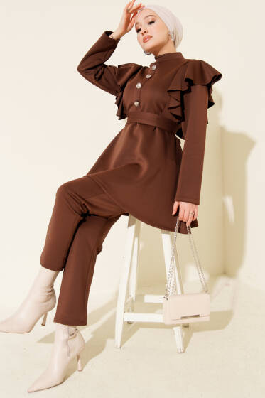 Omuz Fırfırlı Kuşaklı Scuba İkili Takım Kahve - İkili Takım