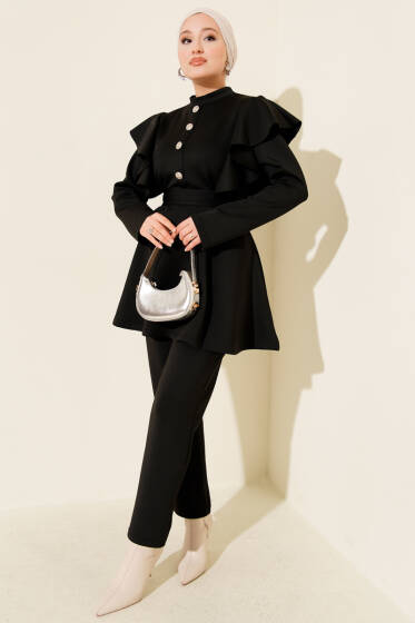 Omuz Fırfırlı Kuşaklı Scuba İkili Takım Siyah - İkili Takım