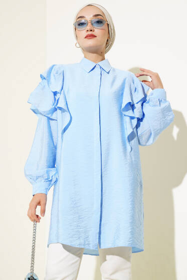Omuz Fırfırlı Patlı Gömlek Buz Mavisi - Gömlek