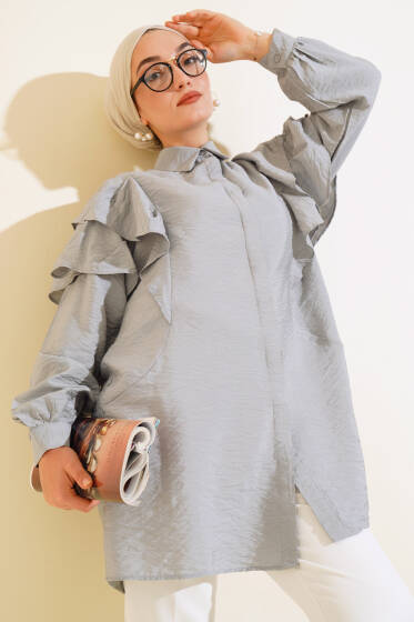 Omuz Fırfırlı Patlı Gömlek Gri - Gömlek