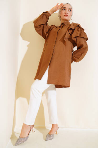 Omuz Fırfırlı Patlı Gömlek Kahve - Gömlek