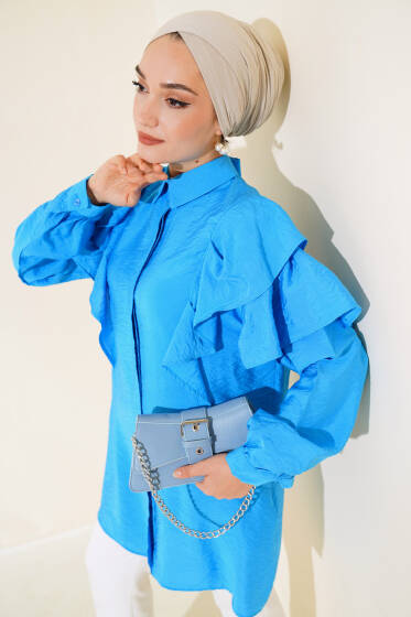 Omuz Fırfırlı Patlı Gömlek Mavi - Gömlek