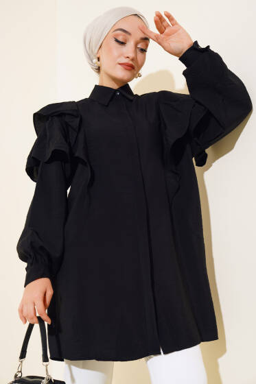 Omuz Fırfırlı Patlı Gömlek Siyah - Gömlek