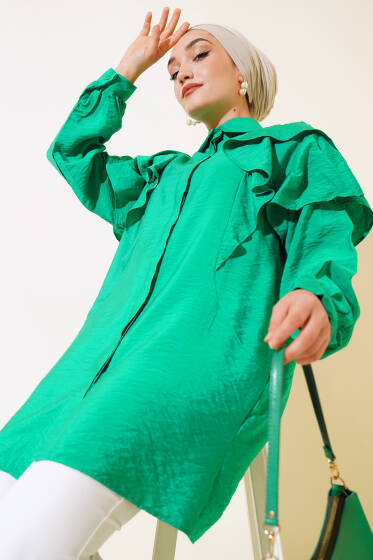 Omuz Fırfırlı Patlı Gömlek Yeşil - Gömlek