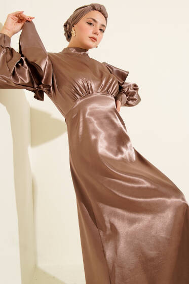 Omuz Fırfırlı Saten Abiye Elbise Açık Kahve - Elbise