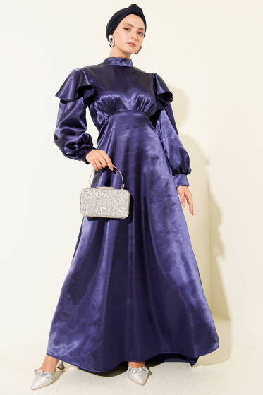 Omuz Fırfırlı Saten Abiye Elbise Lacivert - Elbise