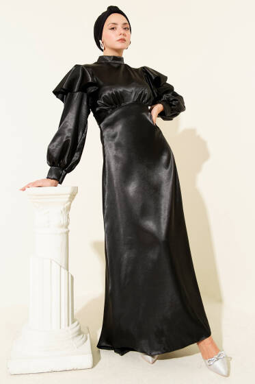 Omuz Fırfırlı Saten Abiye Elbise Siyah - Elbise