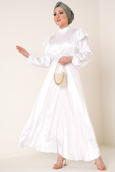 Omuz Fırfırlı Saten Elbise Beyaz - Tesettür Elbise