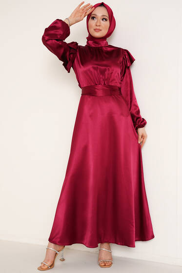 Omuz Fırfırlı Saten Elbise Bordo - Tesettür Elbise