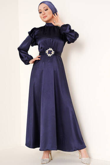 Omuz Fırfırlı Saten Elbise Lacivert - Tesettür Elbise