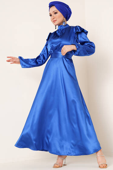 Omuz Fırfırlı Saten Elbise Saks - Tesettür Elbise