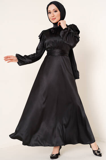 Omuz Fırfırlı Saten Elbise Siyah - Tesettür Elbise