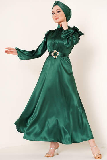 Omuz Fırfırlı Saten Elbise Zümrüt - Tesettür Elbise