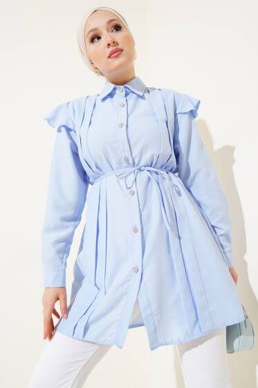 Omuz Fırfırlı Şeritli Kuşaklı Gömlek Buz Mavisi - Gömlek