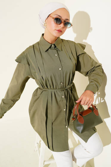 Omuz Fırfırlı Şeritli Kuşaklı Gömlek Haki - Gömlek
