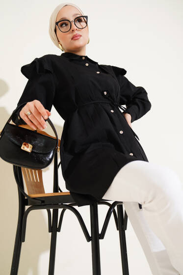 Omuz Fırfırlı Şeritli Kuşaklı Gömlek Siyah - Gömlek