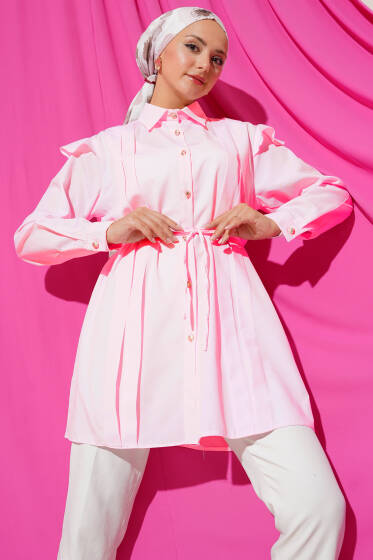 Omuz Fırfırlı Şeritli Kuşaklı Gömlek Toz Pembe - Gömlek