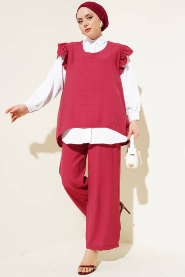 Omuz Fırfırlı Süveterli Üçlü Takım Bordo - İkili Takım
