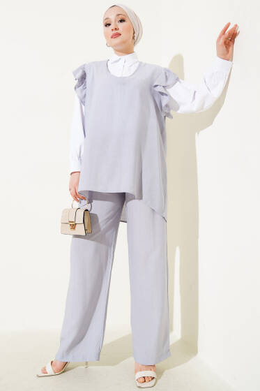 Omuz Fırfırlı Süveterli Üçlü Takım Gri - İkili Takım