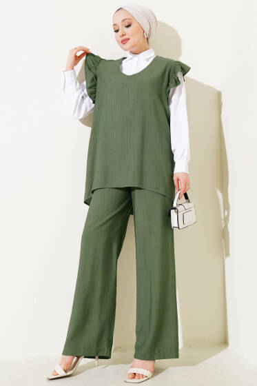 Omuz Fırfırlı Süveterli Üçlü Takım Haki - İKİLİ TAKIM
