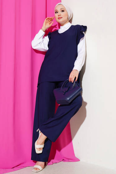 Omuz Fırfırlı Süveterli Üçlü Takım Lacivert - İkili Takım