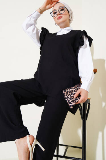 Omuz Fırfırlı Süveterli Üçlü Takım Siyah - İkili Takım