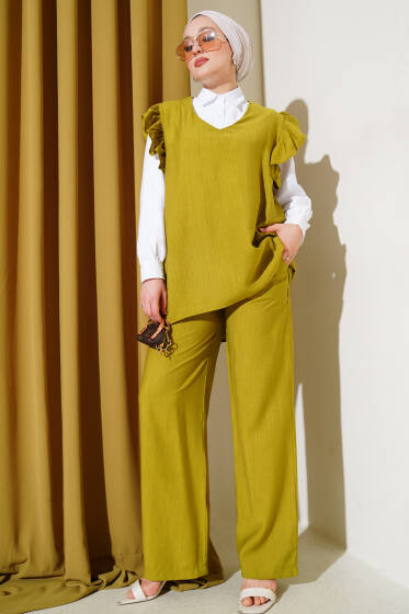 Omuz Fırfırlı Süveterli Üçlü Takım Yağ Yeşili - İkili Takım