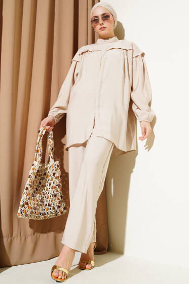 Omuz Fırfırlı Tencel Tunik İkili Takım Bej - İkili Takım