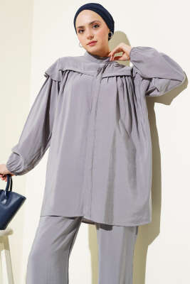 Omuz Fırfırlı Tencel Tunik İkili Takım Gri - 700-1000 TL Ürünler