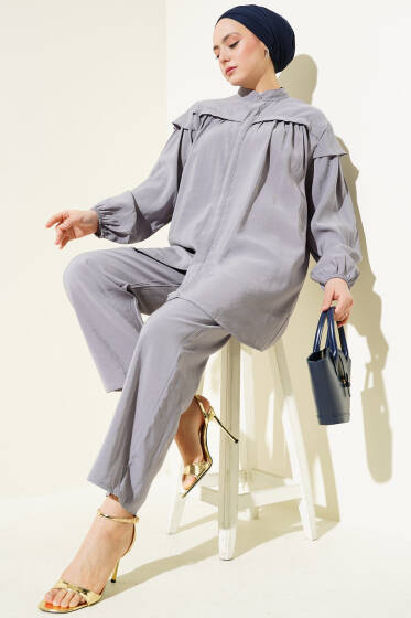 Omuz Fırfırlı Tencel Tunik İkili Takım Gri - İkili Takım