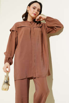Omuz Fırfırlı Tencel Tunik İkili Takım Kahve - 700-1000 TL Ürünler