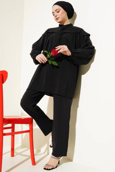 Omuz Fırfırlı Tencel Tunik İkili Takım Siyah - İkili Takım
