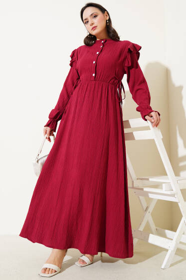 Omuz Fırfırlı Yan İp Bağcıklı Elbise Bordo - Elbise