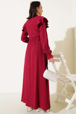 Omuz Fırfırlı Yan İp Bağcıklı Elbise Bordo - Tesettür Elbise