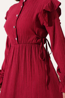 Omuz Fırfırlı Yan İp Bağcıklı Elbise Bordo - Tesettür Elbise