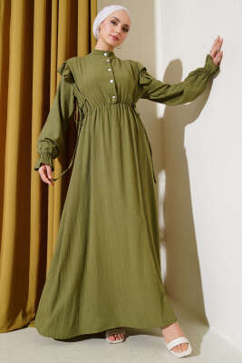 Omuz Fırfırlı Yan İp Bağcıklı Elbise Çağla Yeşili 