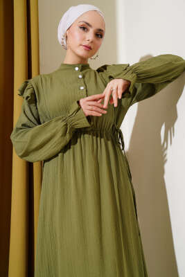 Omuz Fırfırlı Yan İp Bağcıklı Elbise Çağla Yeşili - Tesettür Elbise