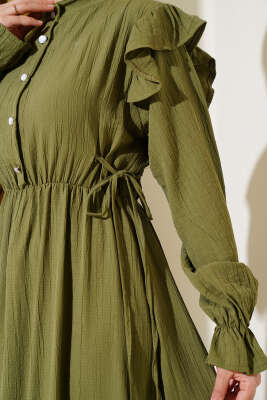 Omuz Fırfırlı Yan İp Bağcıklı Elbise Çağla Yeşili - Tesettür Elbise
