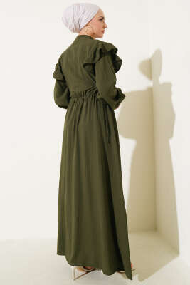 Omuz Fırfırlı Yan İp Bağcıklı Elbise Haki - Tesettür Elbise