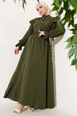 Omuz Fırfırlı Yan İp Bağcıklı Elbise Haki 